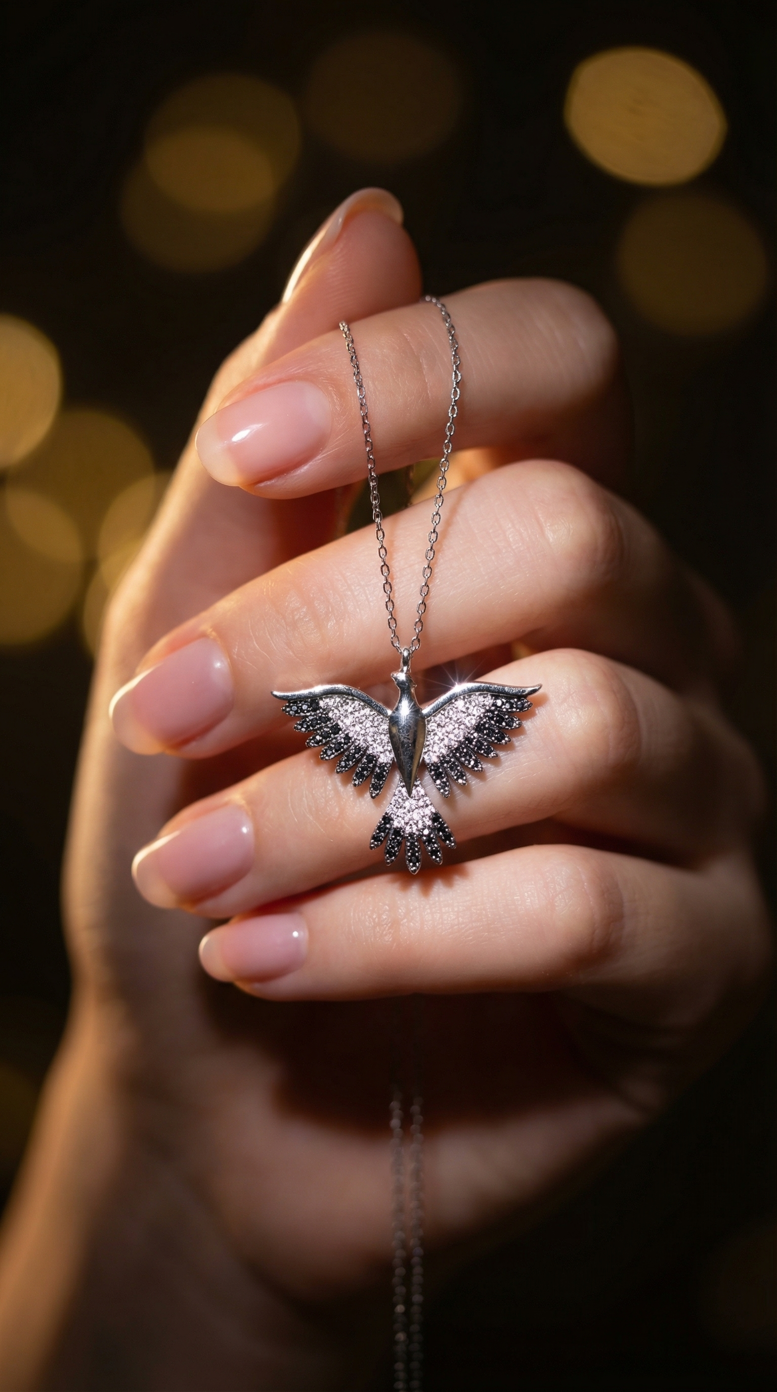 925 Ayar Gümüş Zümrüdüanka Kuşu Figürlü Siyah Beyaz Taşlı Kadın Kolye – Özel Tasarım, Zarif Hediyelik